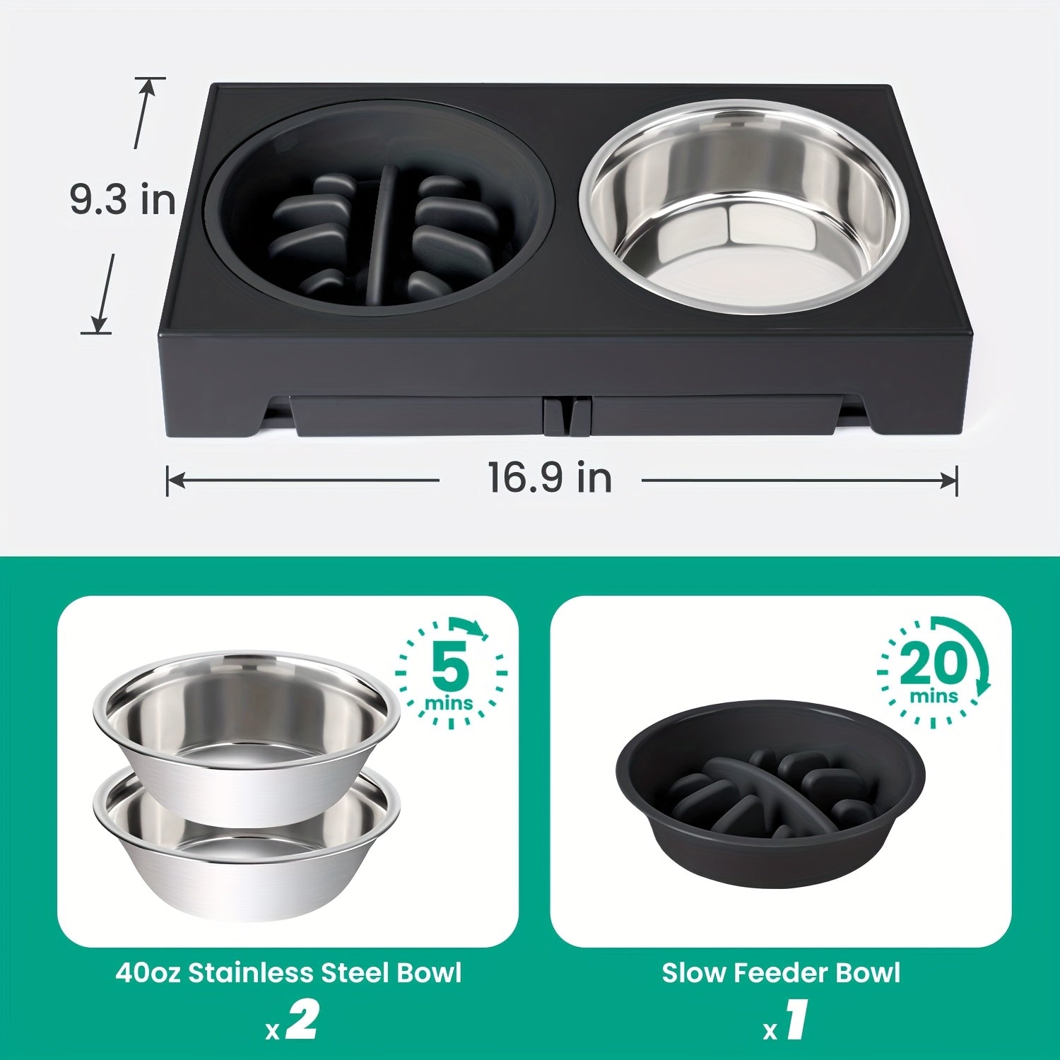 Adjustable Height Elevated Dog Bowl Stand, 5-Level Adjustment from 3.2" to 12.2", Includes 2 Stainless Steel Food Bowls & Slow Feeder, Sturdy Black Metal for Small to Large Dogs, Pet Feeding Station | Sleek Dog Stand | Durabl