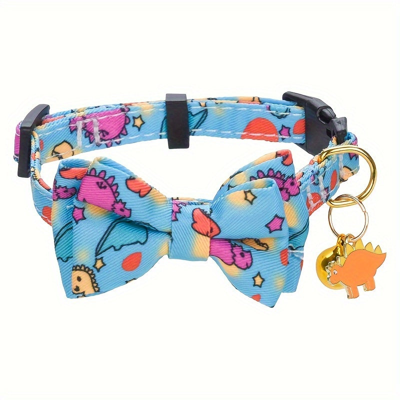 Adjustable Polyester Fiber Cat Collars with Animal Print, Bow Tie & Bell Pendant - CP627 Cute Pet Collar Set with Safety Buckle & Detachable Accessories