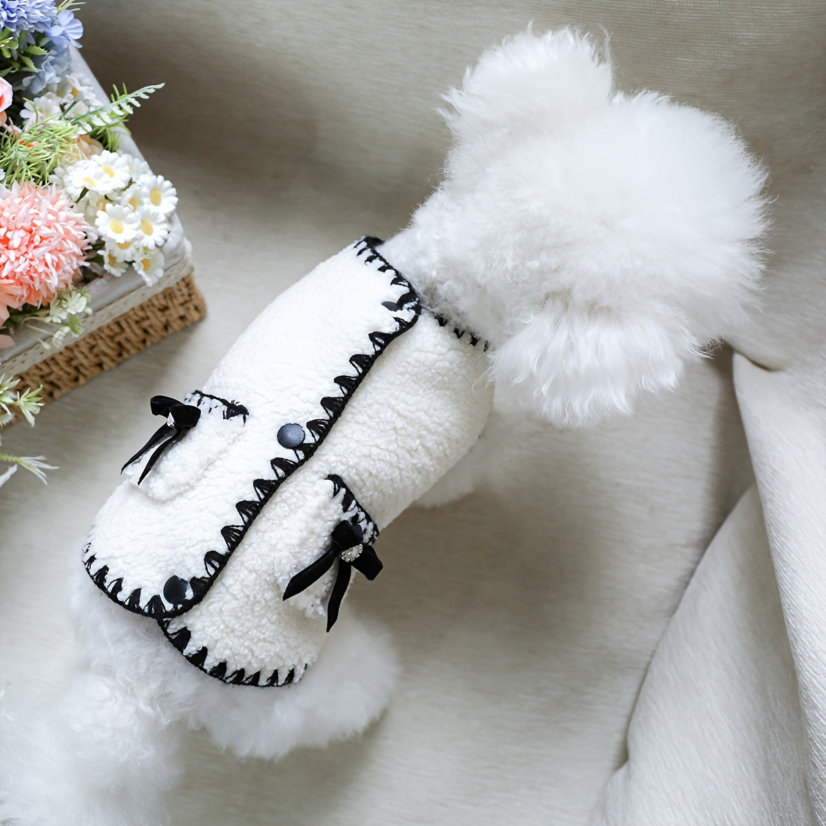 Polyester Knit Small Dog Vest Sweater Coat - Bow Detail, Press Stud Closure - Pet Apparel for Bichon Frise, Pomeranian, Schnauzer, Teddy Breeds - Winter and Fall Clothing