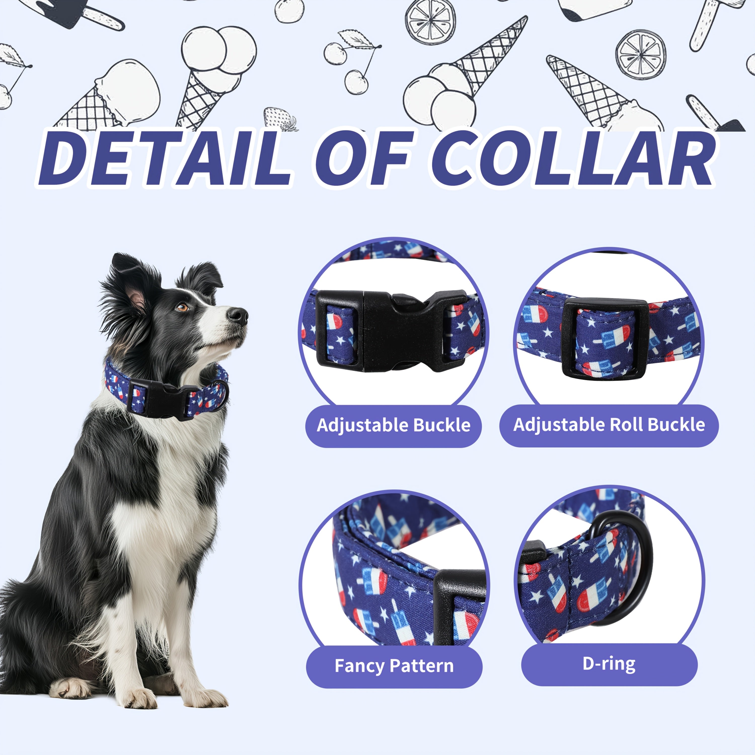 Patriotic American Flag Pet Collar with Ice Cream Design - Durable Polyester Dog Collar with Adjustable Strap and Secure Buckle, Fits Small to Large Dogs, Red, White, and Blue Star Motif