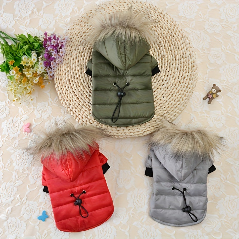 Fashionable Dog Coat with Rabbit Fur Lining, Non-Waterproof Polyester Pet Jacket, with Detachable Fur Trim, Adjustable Waist, for Small and Toy Breeds, Ideal for Yorkie, Maltese, Bichon, Pomeranian, Chihuahua, Fall/Winter Pet