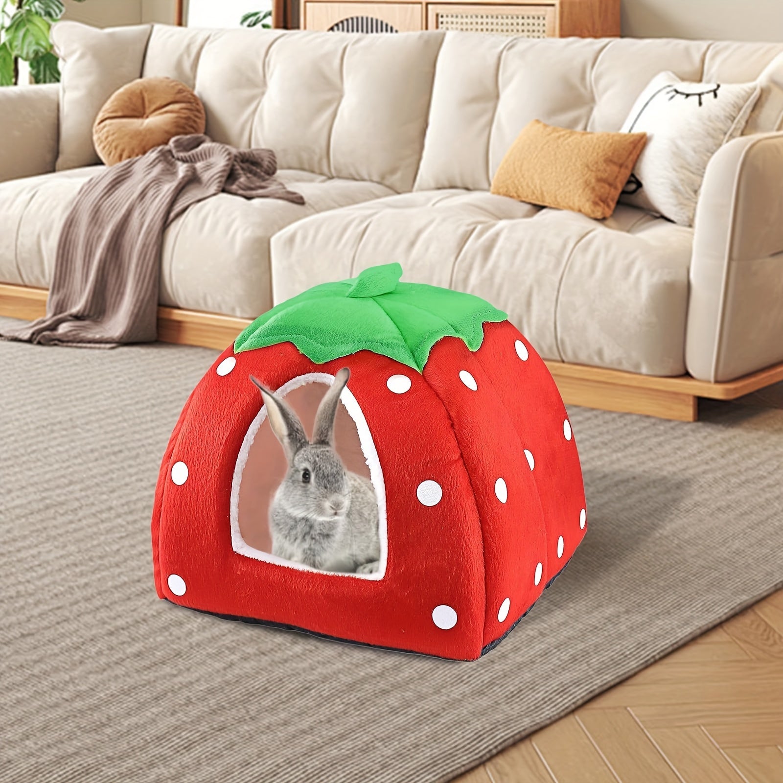 Strawberry-Shaped Small Pet Bed with Removable Cushion - Cotton Cozy Hideaway for Rabbits, Guinea Pigs, Hamsters, and Hedgehogs, Warm Fleece Cuddle Cup Pet Tent
