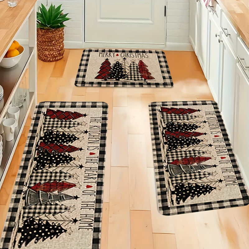Vintage Puffy Christmas Tree Pattern Mat - Homeowners, Housewives, Pet owners, Busy individuals - Holidays, Operation Instruction, Fabric, Christmas - Suitable for Kitchen, Living Room, Bathroom