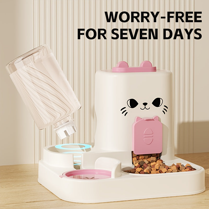 Automatic Cat Feeder And Water Dispenser Set, Plastic Pet Feeding Station, Gravity-Fed Food And Water System, No Battery Needed, with Smart Anti-Wet Design for Cats