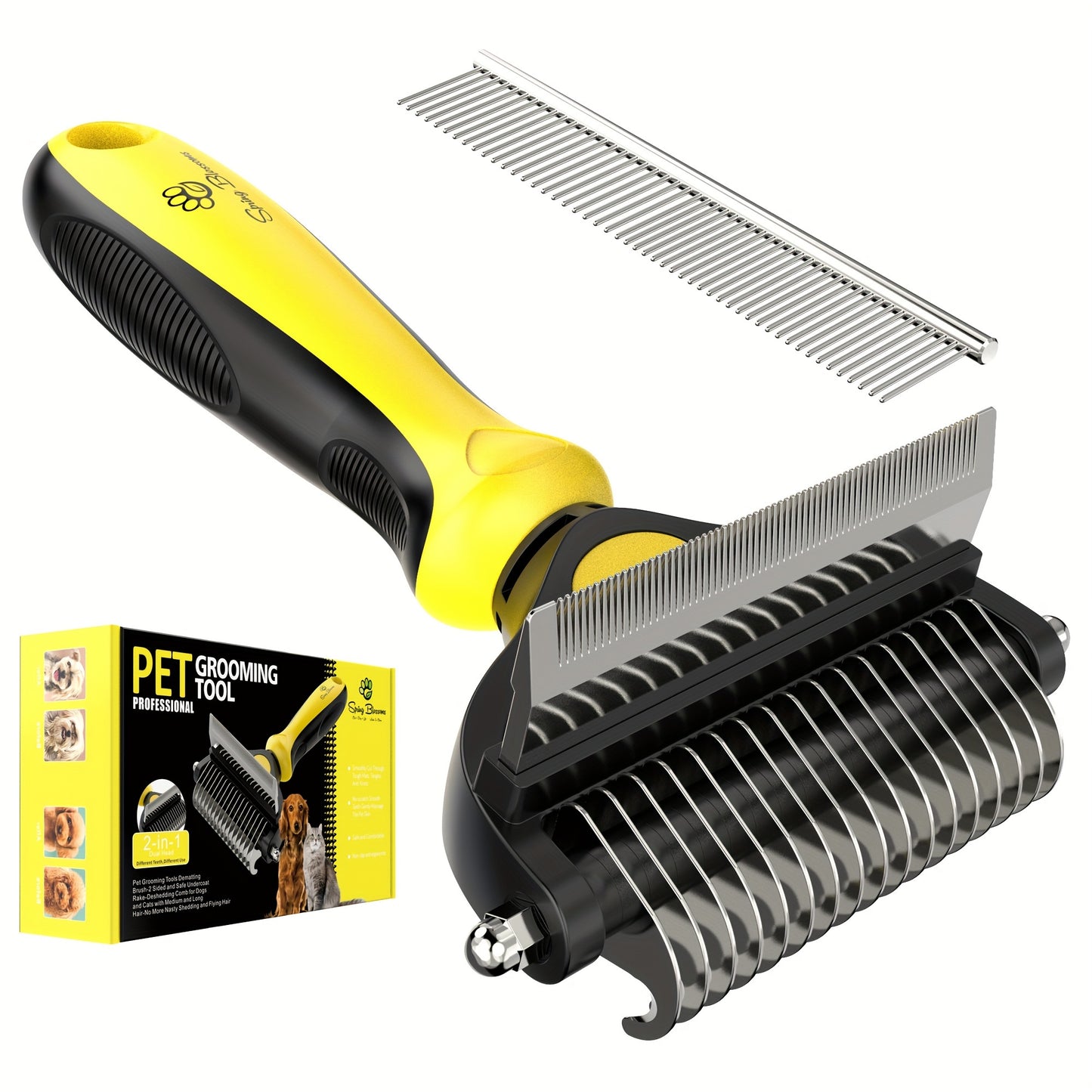 2 in 1 Professional Grooming Rake for Cats & Dogs-Dematting Comb for Easy Mats & Tangles Removing,Hair Removal Cleaner for Pets, Without Battery