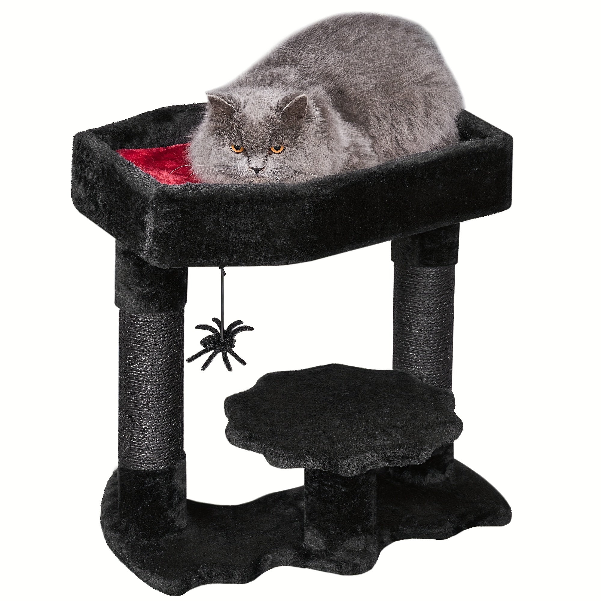BEWISHOME Gothic Cat Tower With Coffin Bed, Multi-Level Goth Cat Tree Cat Condo With Cat Scratching Post, Spider Hanging Ball Black Red Halloween Kitten Pet Furniture