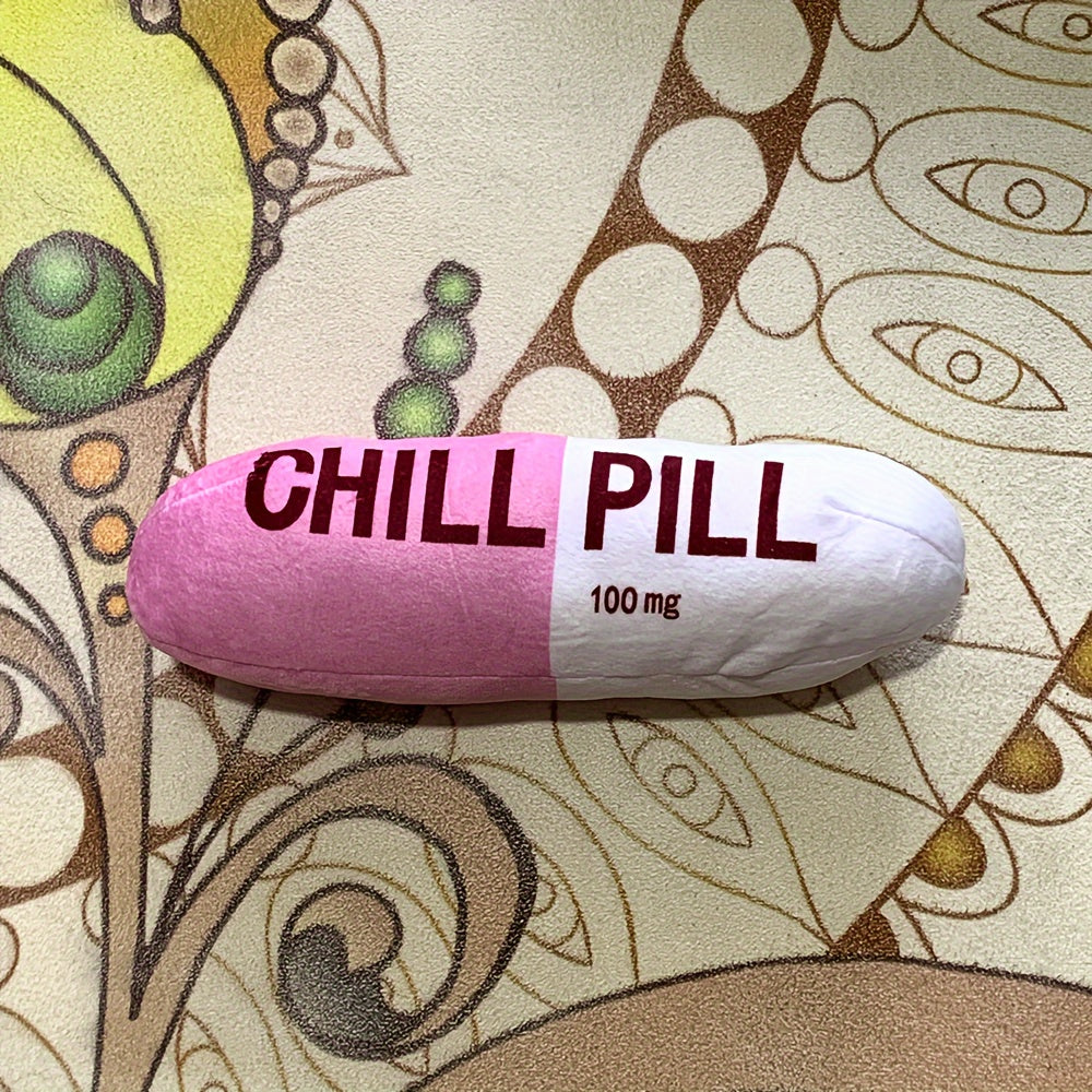 Soft Fabric Chill Pill Plush Stuffed Animal Toy and Pillow for Small Dogs and Cats, Interactive Play, Pet Bed Accessory, Soothing Snuggle Companion