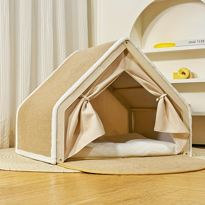 19.68" Super Large Sisal Cat Tent Villa - Four-Season Semi-Enclosed Cat Bed with Removable Natural Sisal Scratching Board, Anti-Chip Design & Polyester Fill for Cozy Comfort, Pet Relaxation Spot, Vibrant Home Decor, Durable P