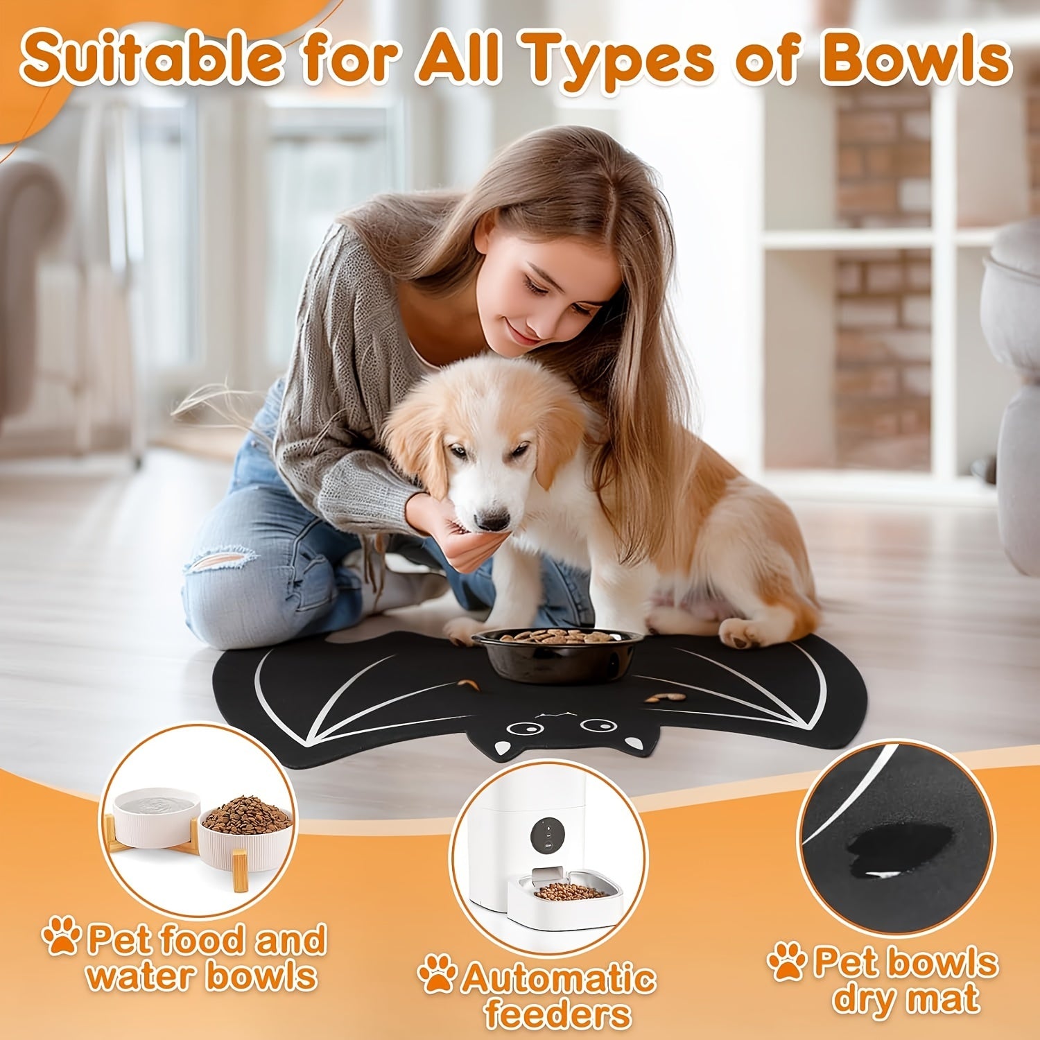 Halloween Pet Mats For Food And Water Dog Cat Food Mats Pet Feeding Mat Anti-Slip No Stains Quick Dry Floors Waterproof Placemat For Pet Food Water Bowl Mat Pet Accessories - 23.6" X 15.7" Bat