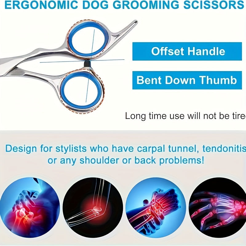 Stainless Steel Pet Grooming Scissors Set with Safety Round Tip - Professional Shears for Dogs & Cats, Non-Slip Handle & Adjustable Screw, Precision Cutting for Pet Stylist's Choice - Uncharged Shedding Tools for All Breeds &