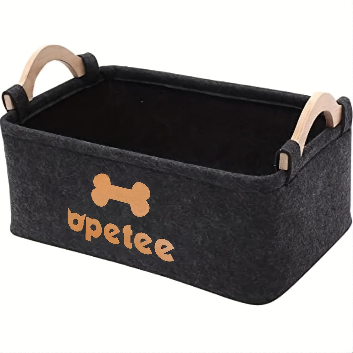OPETEE Foldable Fabric Pet Toy Storage Basket Organizer with Bone Pattern & Wooden Handles - Spacious Easy-to-Clean Dog Toy Chest for Blankets, Leashes, Puppy Clothing - Dark Grey Clutter-Free Home Decor, Home Pet Organizer |