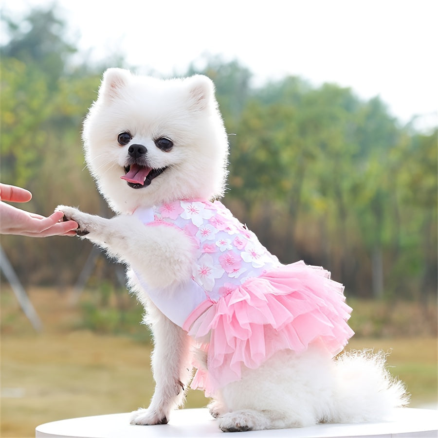 Small Breeds Floral 3D Flower Design Pullover Dog Dress - Woven Polyester, Breathable, Lightweight Pet Apparel for Toy & Mini Dogs, Cats, Pet Fashion Accessories
