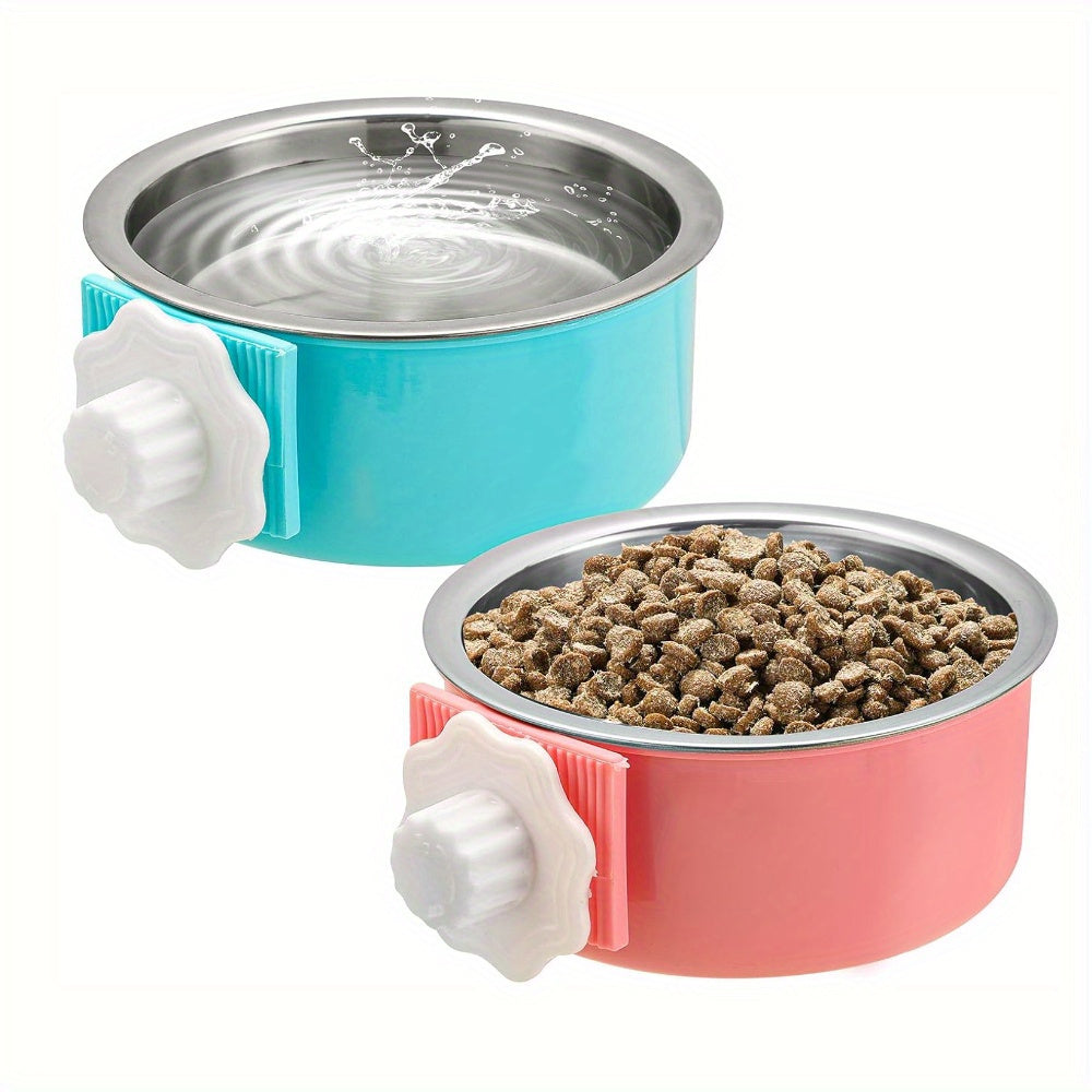 2pcs Stainless Steel Hanging Pet Feeding Bowl, Pet Cage Feeding Bowl, Detachable Pet Nest Hanging Water Feeding Bowl, Easy To Install, High Quality Material, Non-slip and Easy To Clean, Suitable for Puppies, Cats, Rabbits, Bi