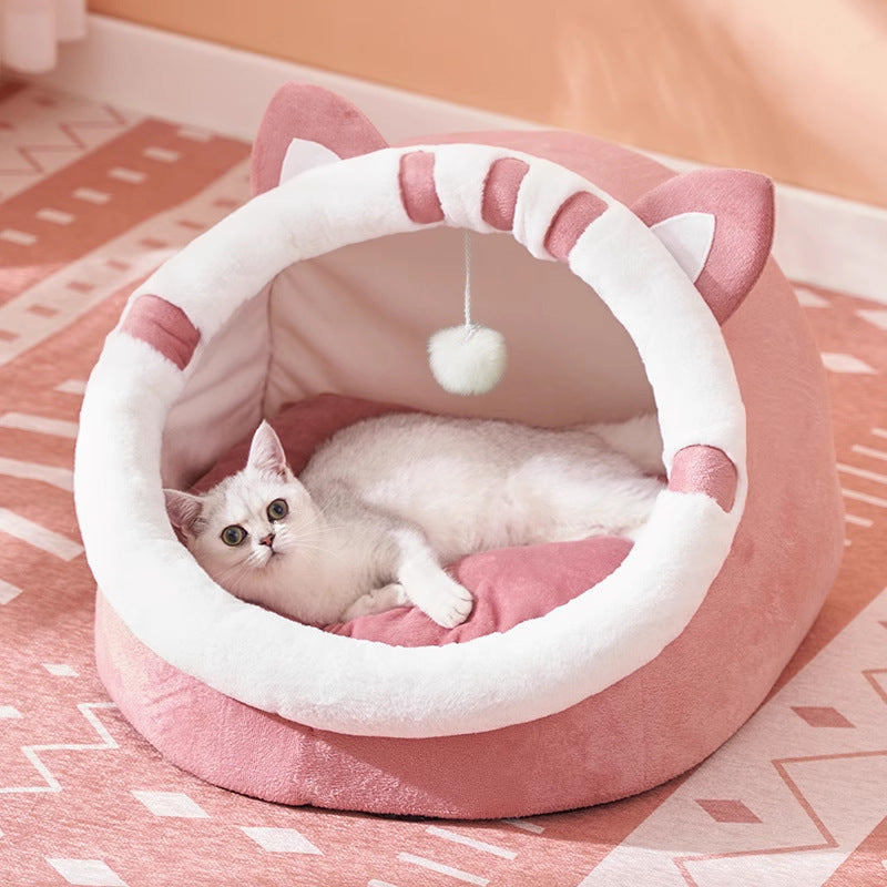 Adorable Pink British Shorthair Cat-Shaped Cozy Pet Cottage - Soft, Warm, Removable & Washable Polyester Bed with Playful Hanging Ball - Perfect Winter Nest for Cats & Small Dogs, Indoor Pet Cottage|Decorative Pet Furniture|S