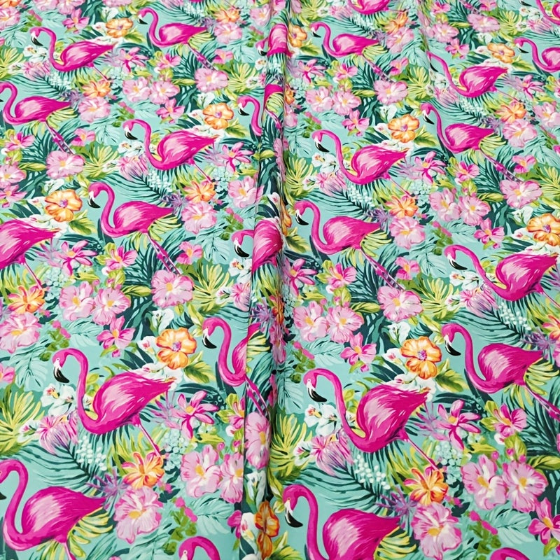 1 Yard Tropical Flamingo & Floral Print Stretch Fabric – Vibrant Pink Flamingos, Colorful Flowers & Tropical Foliage on Aqua Blue Background – Pre-Cut for Shirts, Skirts, Pants, Beachwear, Pajamas, Sportswear, Pet Apparel