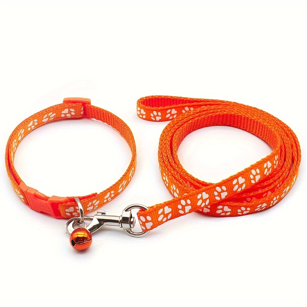 Cute Paw Pattern Nylon Dog Collar - Pet Dog Collar And Leash Set With Bell Long Dog Walking Leash