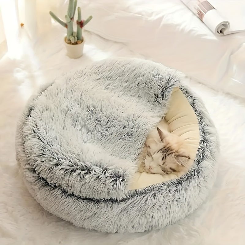 Plush Round Hooded Pet Bed, Warm Dog Bed Dog Cave Nest Soft Donut Dog Cushion Bed Calming Nest