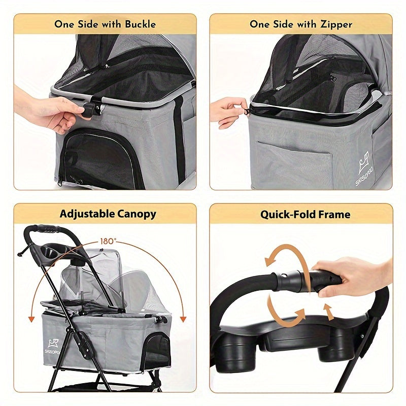 3-in-1 Pet Stroller Carrier - Foldable, Detachable, Car Seat, Stroller with Easy Push Button Entry for Small Pets - Attractive Gray Color