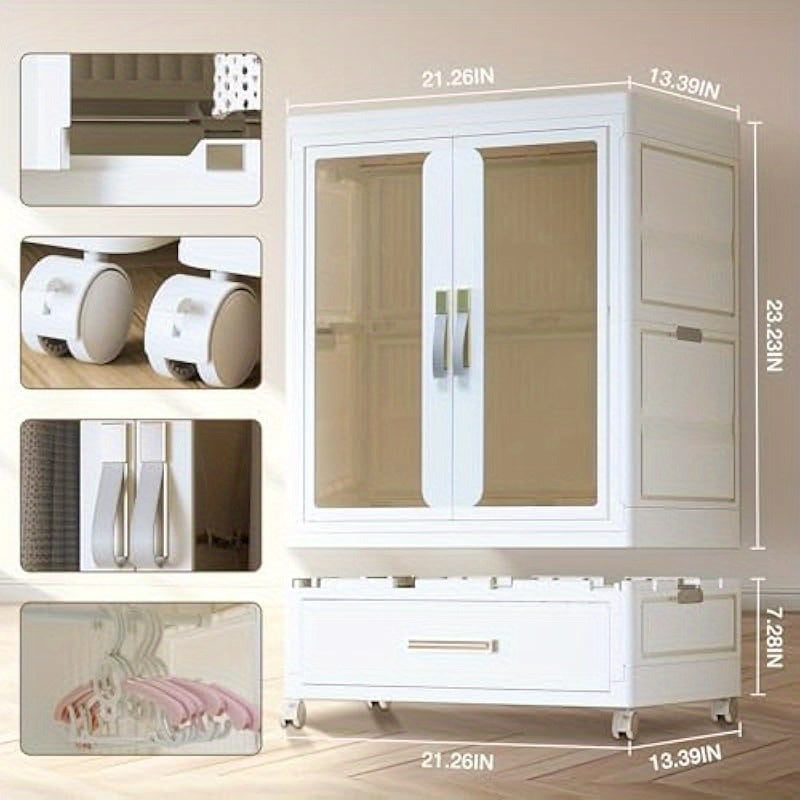 White Stackable Storage Cabinet with Doors & Wheels – Perfect for Pet Clothes, Toys, and Accessories Organizer – Durable Plastic Design with Hanging Rods for Dog Toys and Pet Apparel, Closet Organizer | Modern Pet Furnitu