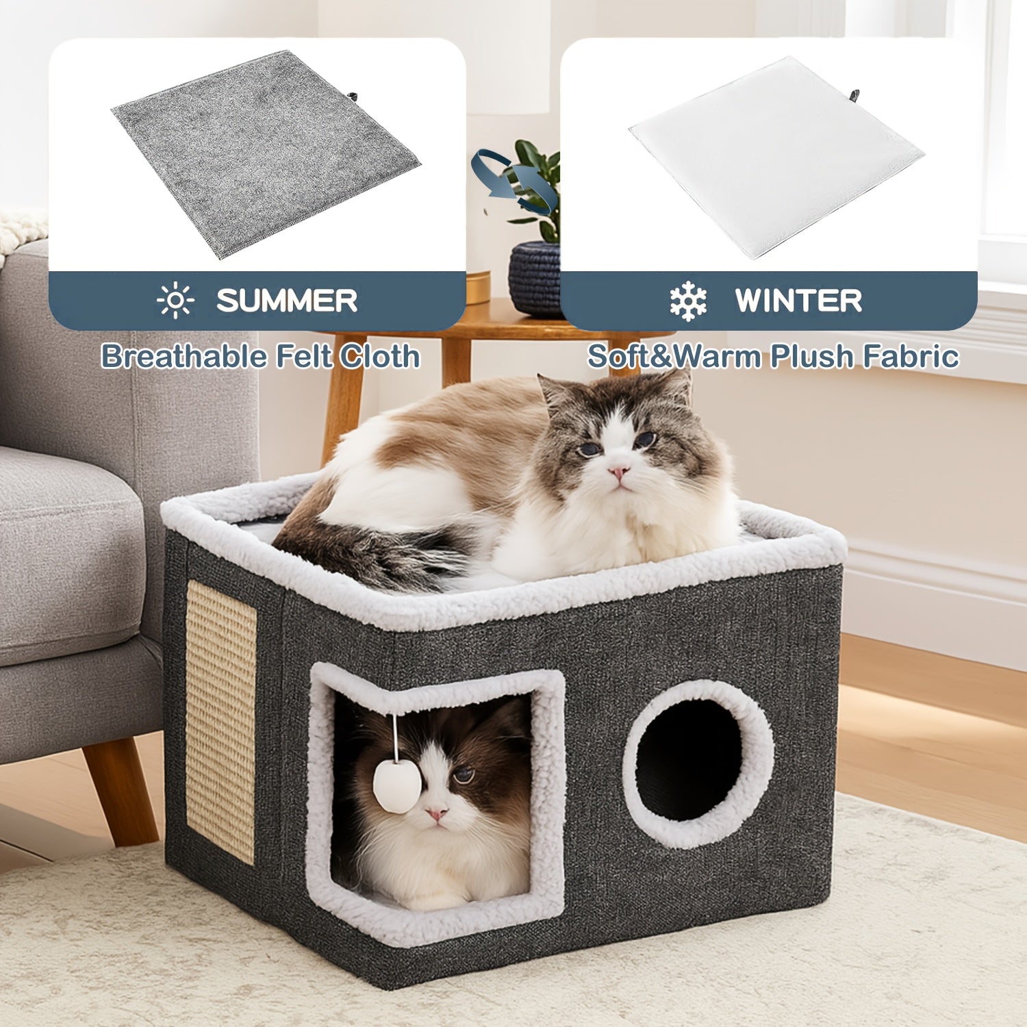 Luxury Multi-Level Cat House - 2-Tier Bed & Play Cube with Toy Tunnel, Foldable Sofa, Climbing Rope & Soft Cushions - Durable Nylon Frame & Weatherproof Canvas Indoor/Outdoor Cat Shelter with Hanging Balls - All-Season Comfor