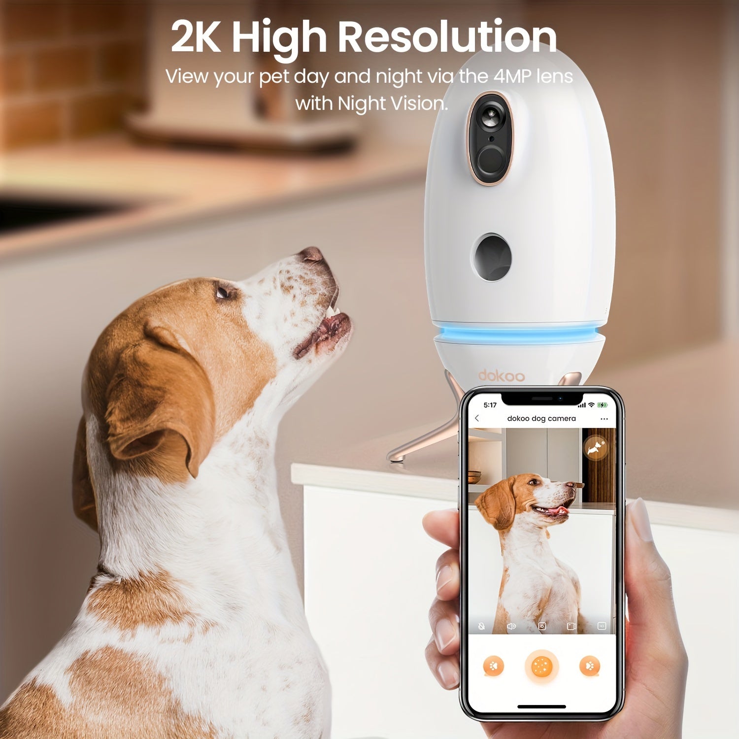 Dokoo Pet Feeder Cat Food Dispenser with Treat Tossing 330° View 2K/4MP QHD Pet Camera 2.4G&5GHz Wifi Pet Feeding InteractiveToys with light