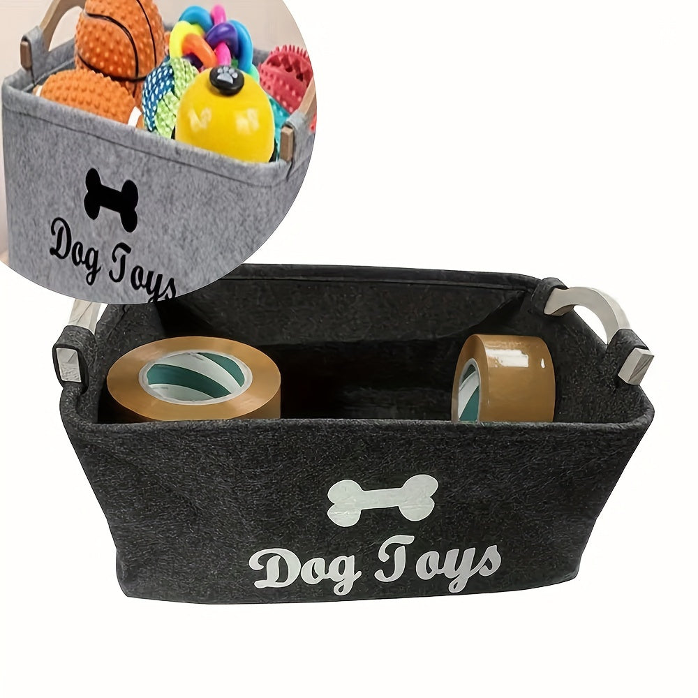 OPETEE Foldable Fabric Pet Toy Storage Basket Organizer with Bone Pattern & Wooden Handles - Spacious Easy-to-Clean Dog Toy Chest for Blankets, Leashes, Puppy Clothing - Dark Grey Clutter-Free Home Decor, Home Pet Organizer |