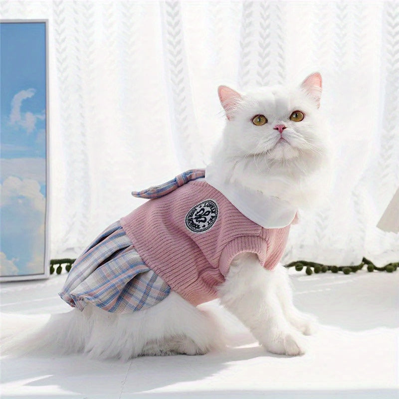 Small Breeds Polyester All-Season Dog Dress, Chic College Style Pet Apparel with Plaid Skirt and Collar, Pullover Design, Ideal for Spring, Cat & Chihuahua, Available in Pink, Blue, Green