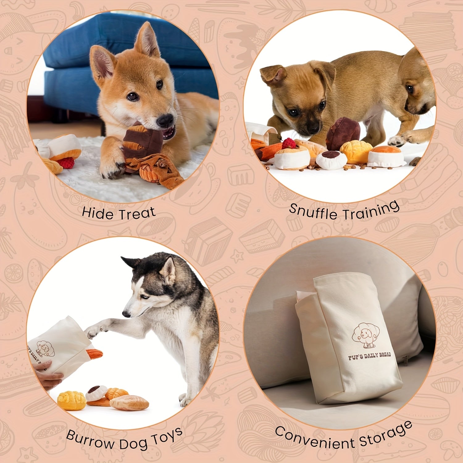 10 Pack Nocciola Bread Dog Toys with Storage Bag - Crinkle Squeaky Plush Chew Toys for Small & Medium Dogs, Durable Puppy Toys with Treat Hiding Pockets, Assorted Bread-Shaped Interactive Dog Accessories, Pet Playtime Accesso