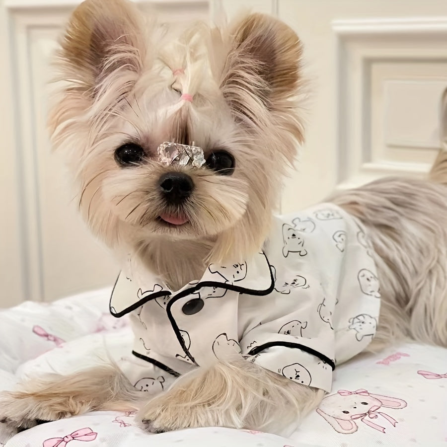 Cozy Cartoon Cat Pattern Pet Sleepwear - Soft, Breathable, Spring/Summer Style for Small Cat & Dog Breeds, Bichon, Maltese, Teddy - Comfortable Home Apparel for Pets