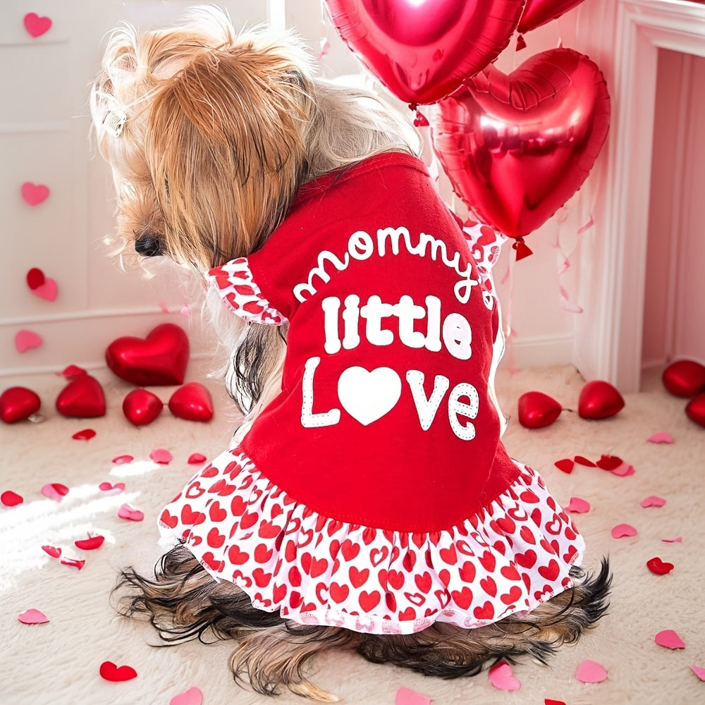 1pc Mommy'S Little Love Dog Dress - Knit Polyester & Spandex Pullover Pet Apparel for Small Breeds, Machine Washable, All-Season Cute Female Puppy Shirt with Skirt