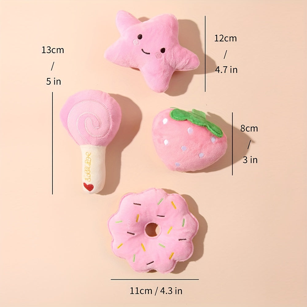 4pcs Fruit & Veggie Plush Squeaky Dog Toys - Strawberry, Lollipop, Star, Donut Designs - Soft Fabric Chew & Teething Toys for Small Breeds - Interactive Playtime Companions for Cats & Dogs, Pet Toys