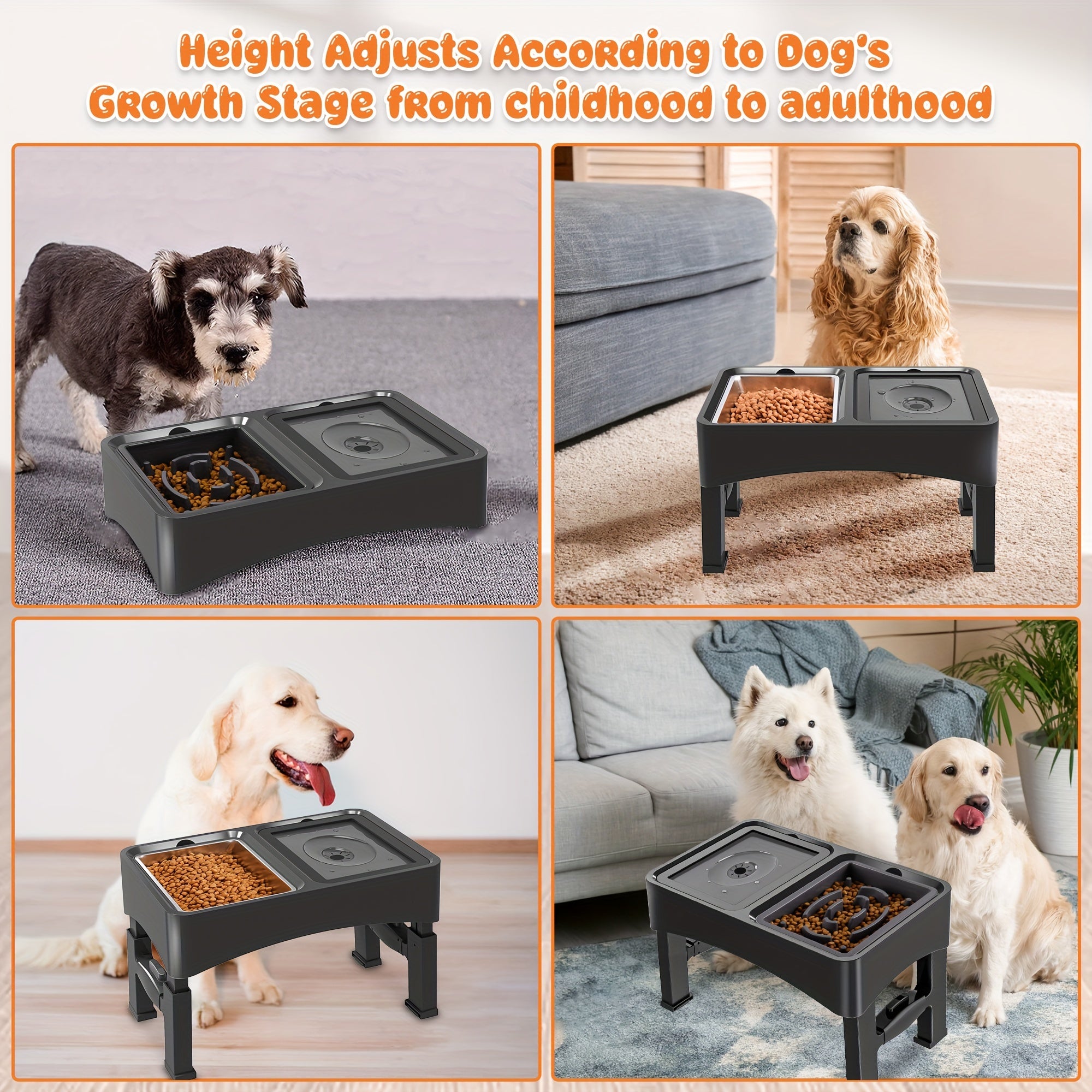 4-Height Adjustable Elevated Pet Feeding Station - Stainless Steel Food Bowls, Slow Feeder & No-Spill Water Bowl Set for Medium & Large Dogs - Neck Protection