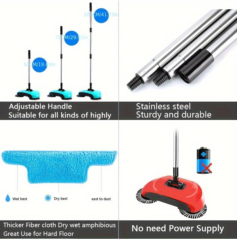 1set, 3 In 1 Multifunctional Hand Push Sweeper, Vacuum Cleaner, Hand Push Sweeping And Moping Machine, To Remove Garbage, Pet Hair And Dust, Dry And Wet Use, Suitable For Hardwood Ceramic Tiles, With 1/2/5/10 Cloth, Cleaning