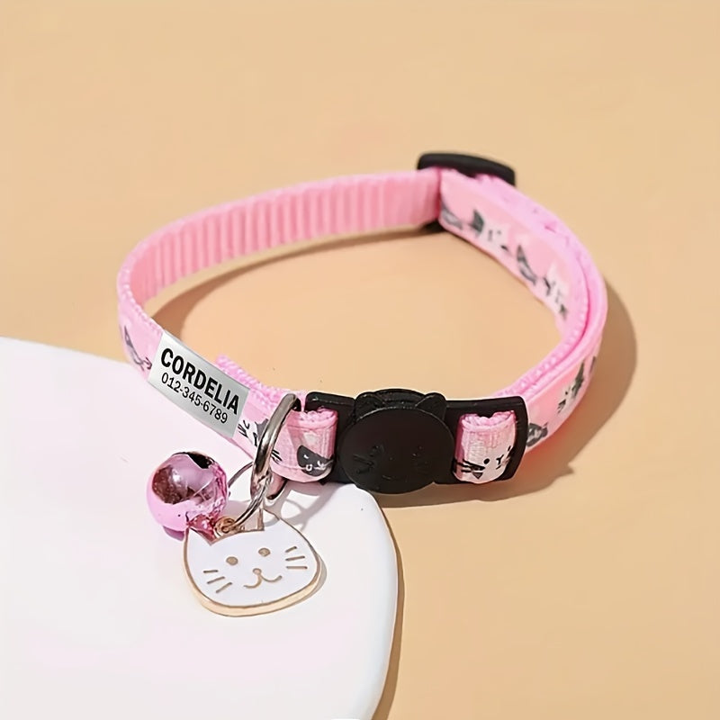 Customizable Cartoon Cat Print Pet Collar with Bell and Engraved ID Tag, Durable Polyester Adjustable Collar for Cats and Dogs, Personalized Name and Phone Number for Lost Prevention - Perfect Gift for Pets