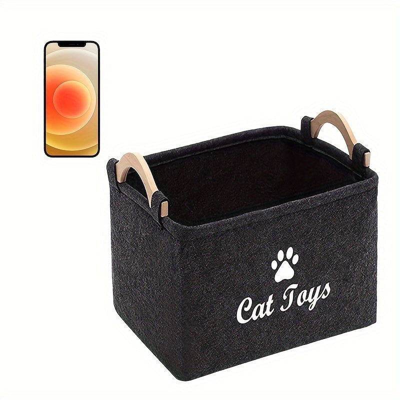 Foldable Pet Toy Storage Basket for Dogs & Cats - Durable Polyester with Paw Print Design, Wooden Handles, Ideal for Organizing Pet Playthings, Dog Toy Storage Basket