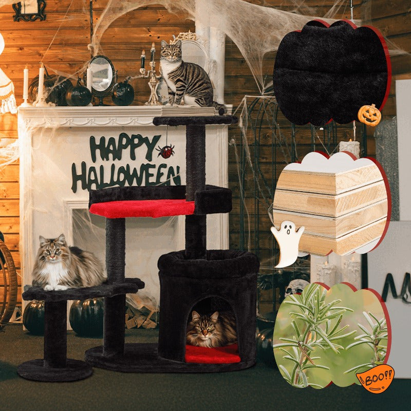 1pc Gothic Iron Cat Tree Tower with Scratching Post, Coffin Bed, and Playhouse - Durable Sisal Rope for Indoor Cats - Halloween-Themed Pet Furniture