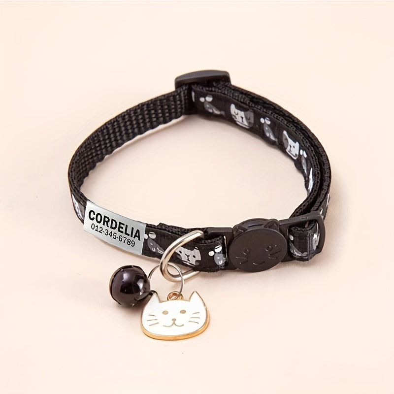 Customizable Cartoon Cat Print Pet Collar with Bell and Engraved ID Tag, Durable Polyester Adjustable Collar for Cats and Dogs, Personalized Name and Phone Number for Lost Prevention - Perfect Gift for Pets