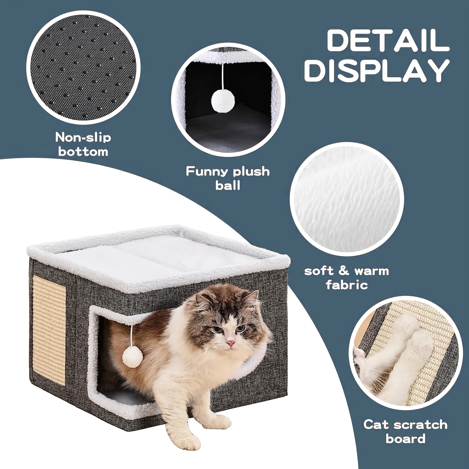 Luxury Multi-Level Cat House - 2-Tier Bed & Play Cube with Toy Tunnel, Foldable Sofa, Climbing Rope & Soft Cushions - Durable Nylon Frame & Weatherproof Canvas Indoor/Outdoor Cat Shelter with Hanging Balls - All-Season Comfor