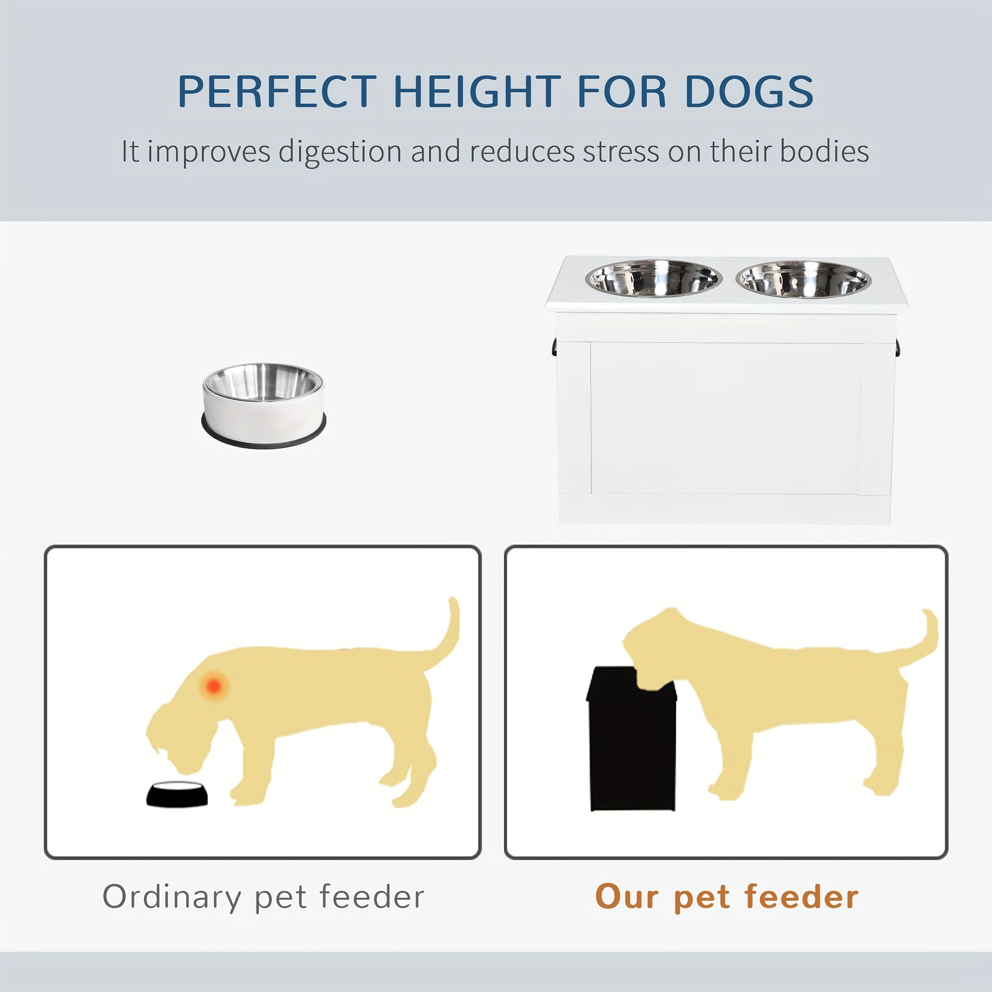 PawHut Raised Pet Feeding Storage Station With 2 Stainless Steel Bowls Base For Large Dogs And Other Large Pets, White