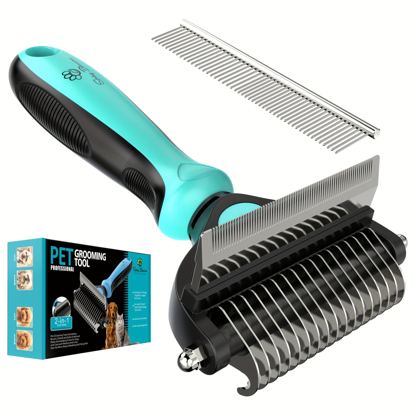 2 in 1 Professional Grooming Rake for Cats & Dogs-Dematting Comb for Easy Mats & Tangles Removing,Hair Removal Cleaner for Pets, Without Battery