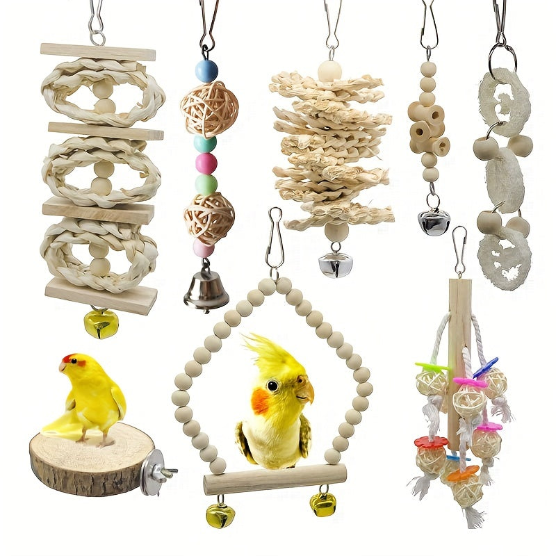 8pcs Bird Toy Set with Swing, Perch, Bell & Chew Toys - Wooden Parrot Play and Exercise Accessories for Small to Medium Cages