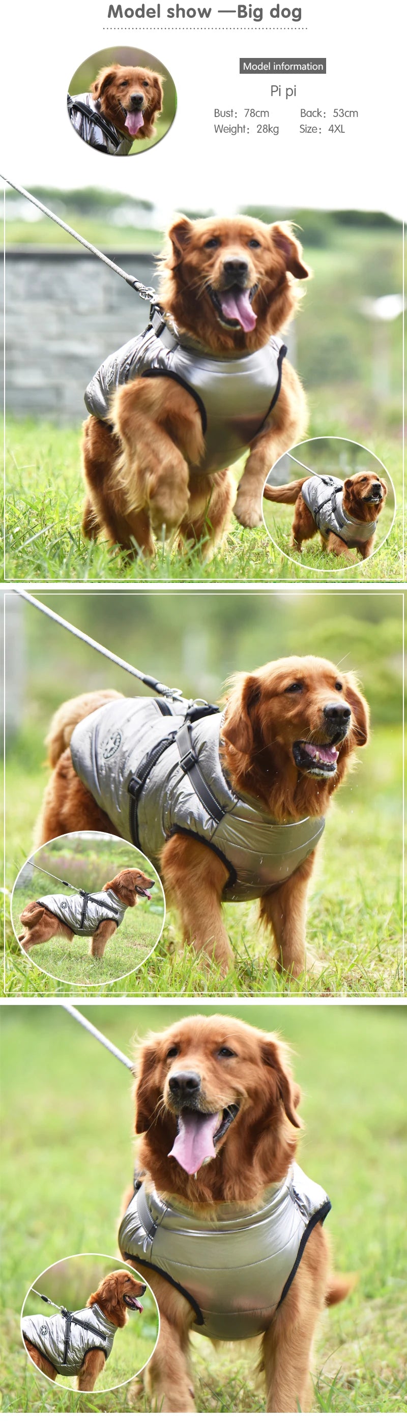 Winter Warm Large Pet Dog Jacket with Harness Waterproof Big Dog Coat for Labrador Chihuahua French Bulldog Outdoor Dog Clothes