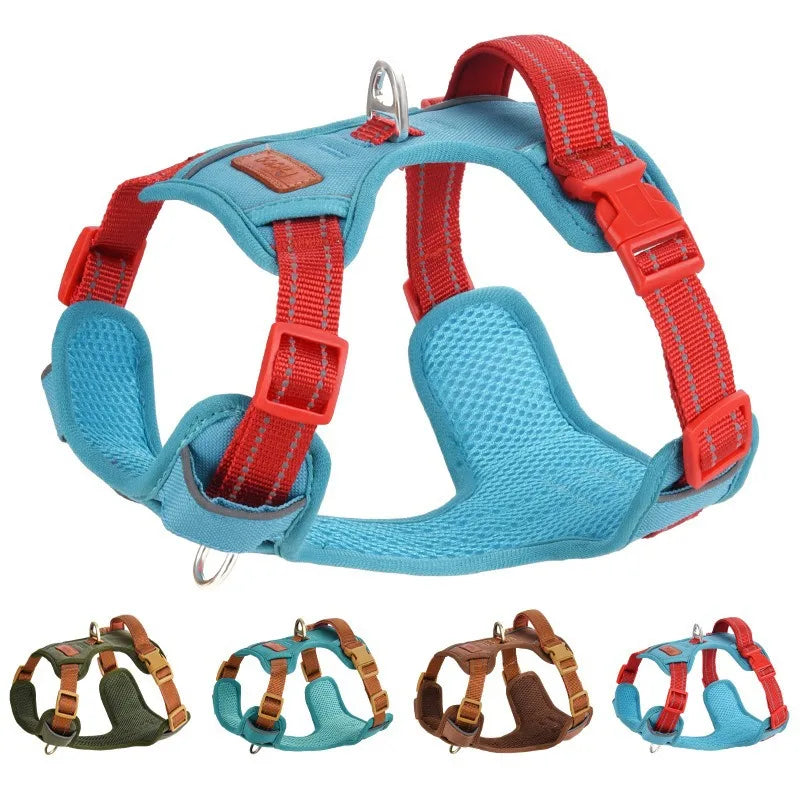 Pet Adjustable Vest Harnesses Soft Mesh Fabric Pete PU Leather Strap Explosion-proof Punch Reflective Strip Type Dog Chest Strap