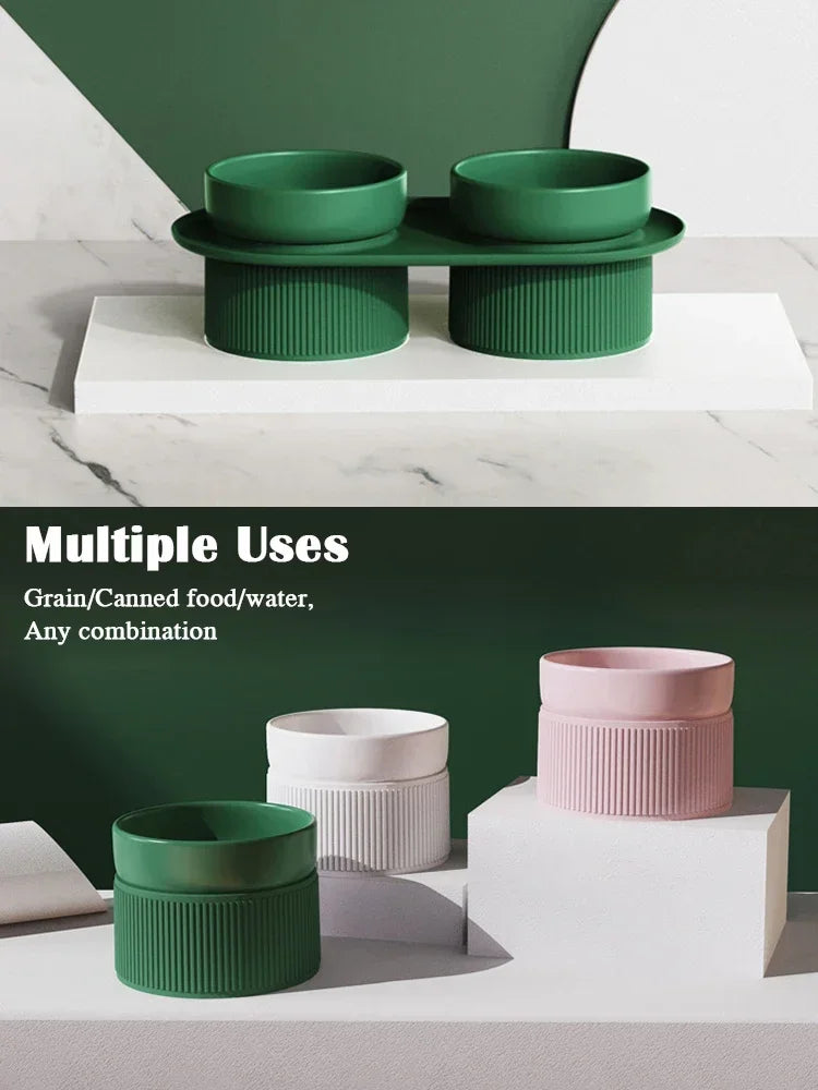 Ceramic Cat Dog Bowl Pet Puppy Feeder Drinker Elevated Raised Holder White Pink Bowls Double for Cats Dogs Kitten Feeding Water
