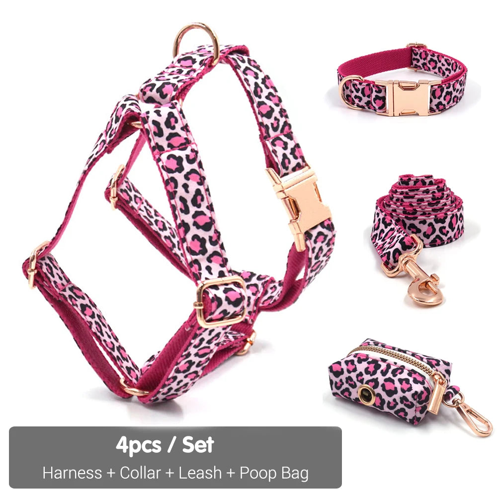Pink Leopard Dog Harness for Girl Dogs Personalized Name Engraved Pet Collar with Safety Metal Buckles Bowtie Puppy Harness Set