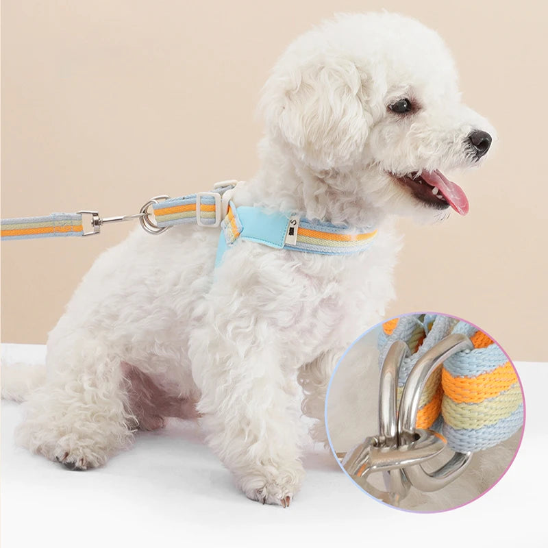 3PCs Pet Dog Harness Leash Set with Bags Adjustable V-shaped Puppy Harness Striped Breathable Dog Chest Strap Dog Accessories