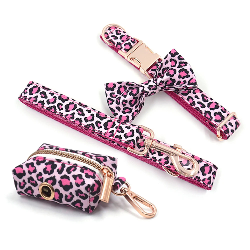 Pink Leopard Dog Harness for Girl Dogs Personalized Name Engraved Pet Collar with Safety Metal Buckles Bowtie Puppy Harness Set