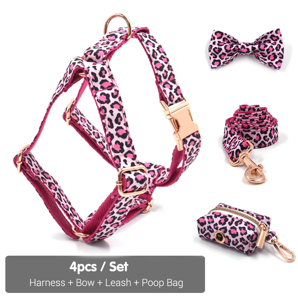 Pink Leopard Dog Harness for Girl Dogs Personalized Name Engraved Pet Collar with Safety Metal Buckles Bowtie Puppy Harness Set
