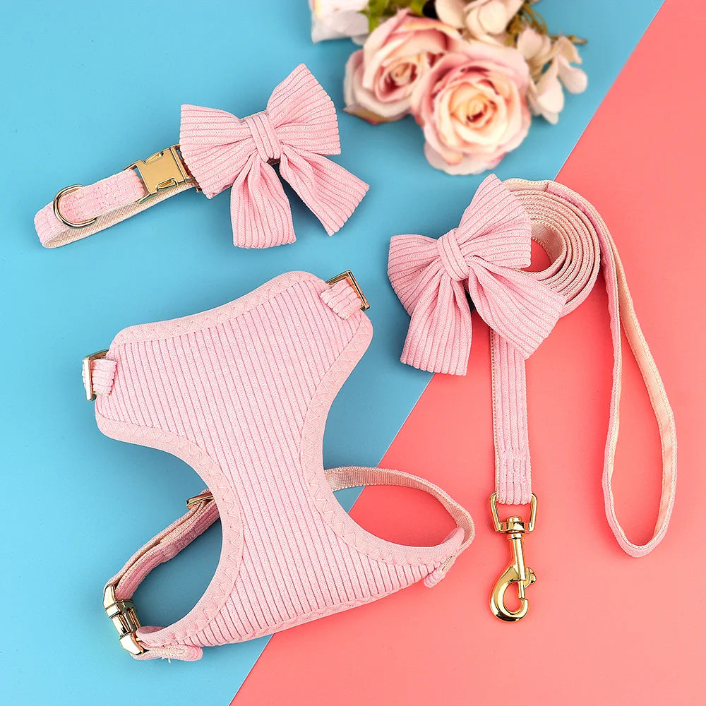 3PCS Dog Collar Harness Leash Set Breathable Dog Harnesses Soft Velvet Puppy Necklace With Bowknot Pet Walking Rope For Dogs Pug