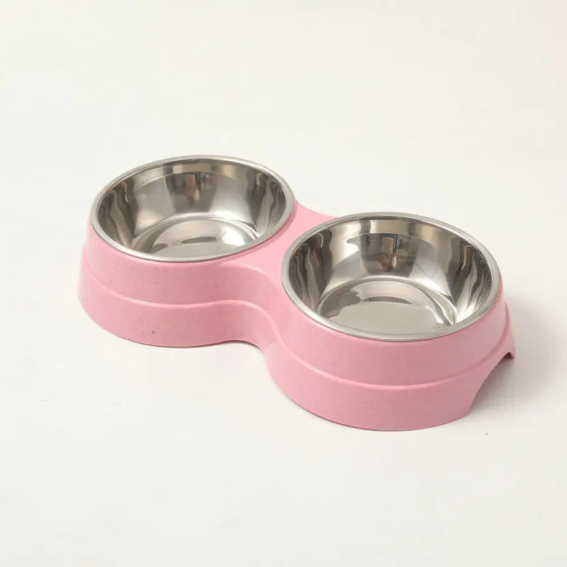 Stainless Steel Double Pet Bowl Wheat Straw Base Dog Cats Feeder Cat Puppy Feeding Food Water Container Dispenser Pet Supplies